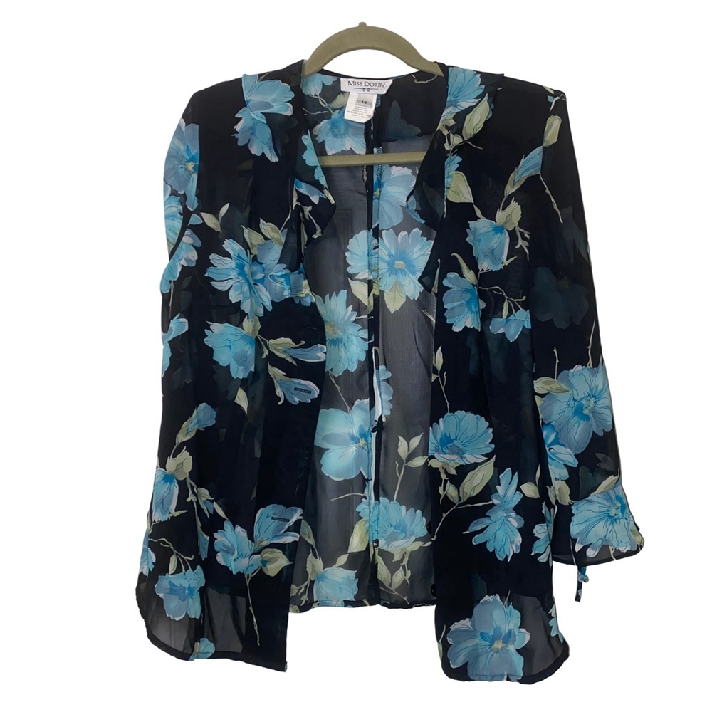 Women's Miss Dorby Sheer Open Front Blouse, Size 14, Black & Blue Floral